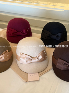 GingerMilk新品 高克重纯澳毛蝴蝶结钻饰马术帽优雅羊毛贵气圆顶