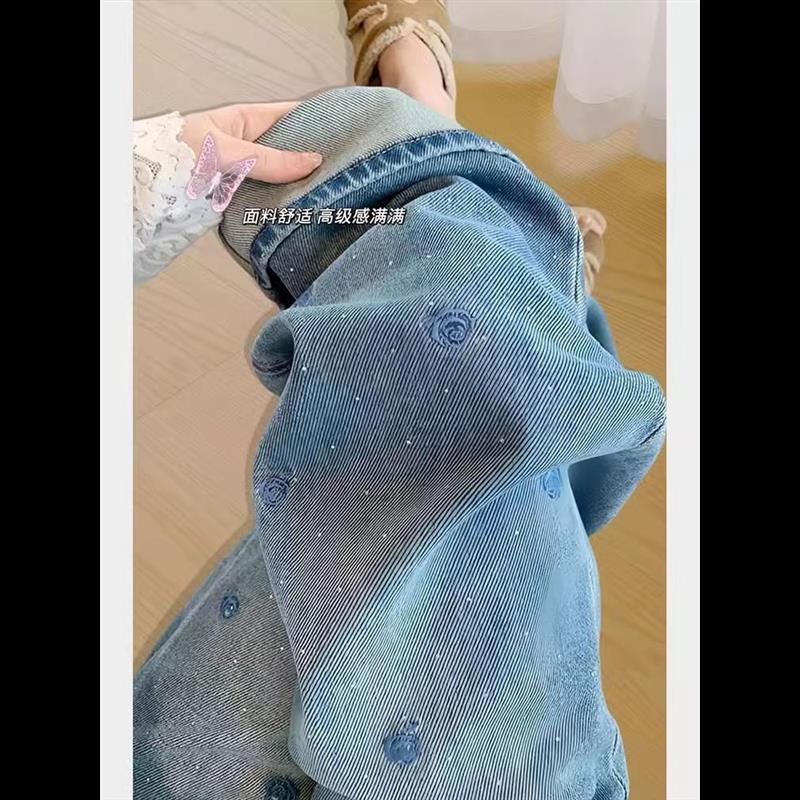 八九分小个子窄版阔腿牛仔裤女春夏大码胖mm高腰烫钻直筒拖地长裤