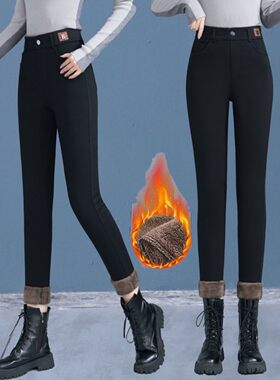 黑色加绒牛仔裤子女秋冬高腰小个子八九分小脚紧身弹力铅笔长裤女