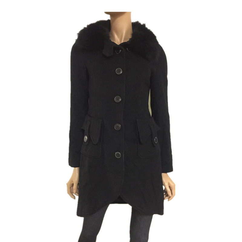 包邮 专柜正品 秋冬女士黑色狐狸毛领 中长款大衣 毛呢外套27024