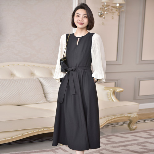 大洪洪【花与星辰】春款法式黑色系带连衣裙女高腰气质A字裙长裙