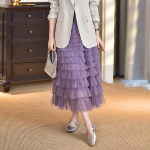松紧腰a字半身女蛋糕裙气质高腰网纱裙 春新款 大洪洪 仙履奇缘