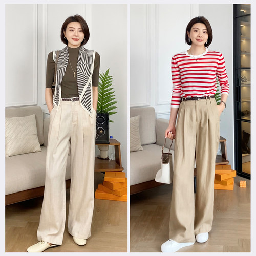 大洪洪【温柔晚风】春新款亚麻莱赛尔混纺高腰休闲女阔腿裤送腰带