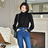 大洪洪 半高领T恤打底女上衣 灯笼袖 体面叠搭 早春羊毛混纺法式