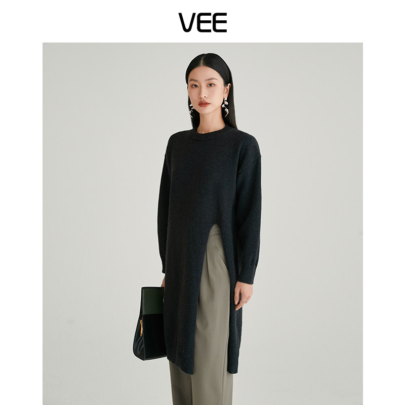 大洪洪vee高开叉宽松长袖针织连衣裙