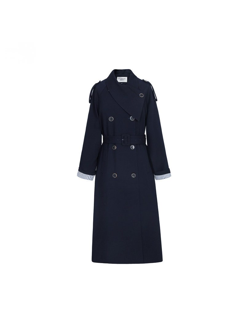 Navy double-breasted trench coat on a white background