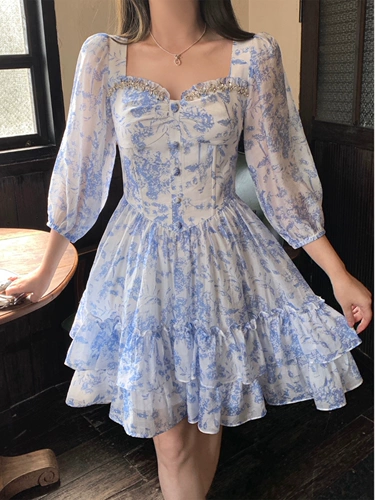 Весеннее летнее короткое платье, квадратный вырез, цветочный принт, А-силуэт