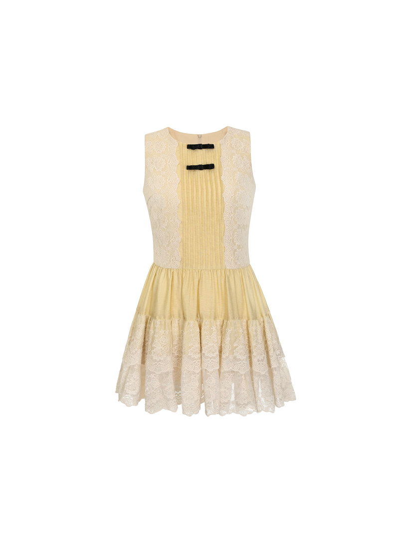 Light yellow sleeveless lace dress on a white background