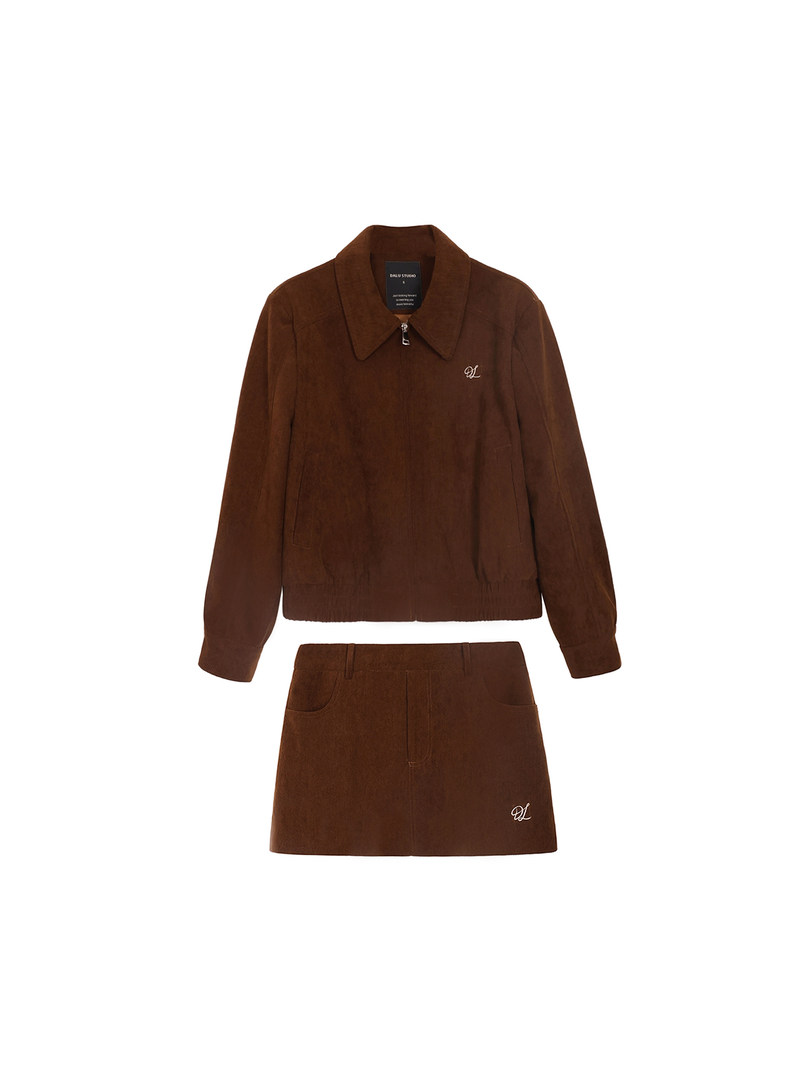 Brown long-sleeve jacket and matching skirt set laid flat on a white background