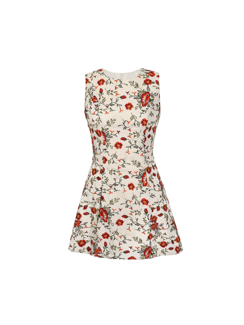 Sleeveless floral dress on a white background
