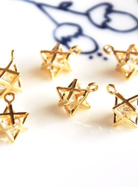 K金吊坠配件镀金玫瑰金六芒星带钻立体吊坠diy手链配饰坠子材料