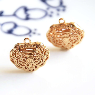 K金吊坠配件镀金玫瑰金镂空心形长命锁金锁 diy项链手链配饰材料