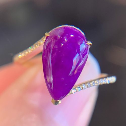 天然紫红舒俱来苏纪石水滴双戒指18K金镶嵌钻石