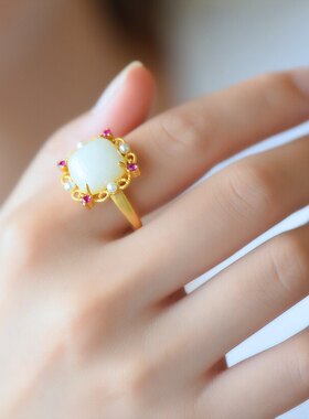 925银天然和田玉方形女戒可调节