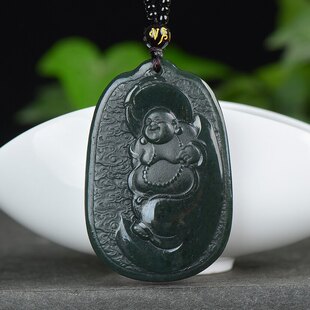 双面精工天然和田玉青玉弥勒佛像吊坠牌子男款 玉石挂件项链正品
