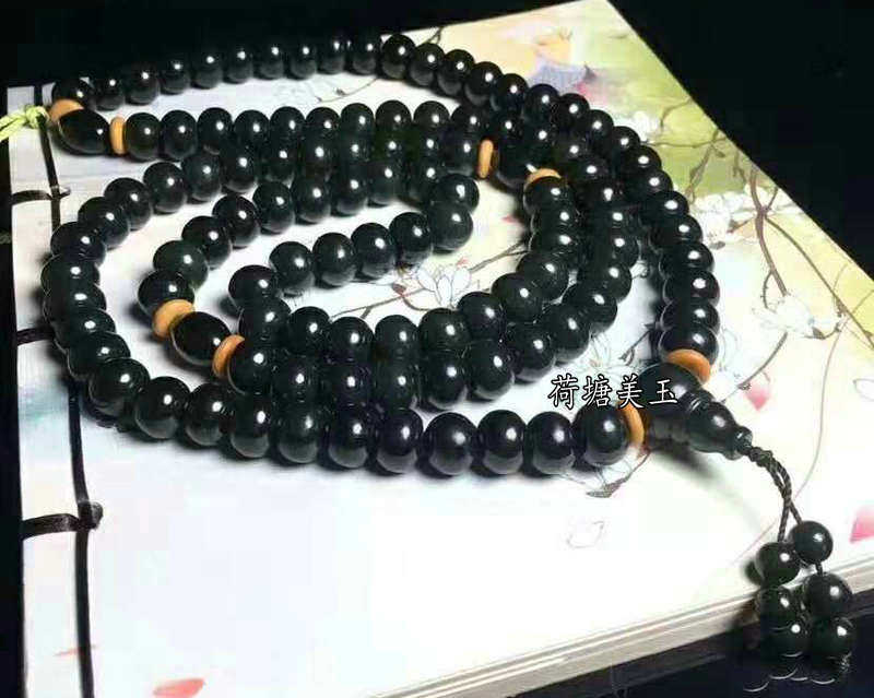 天然新疆和田青玉苹果珠老型珠108粒多圈手链项链佛珠带证书包邮