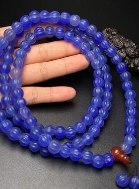 珍藏版天然蓝色玛瑙玉石佛珠念珠项链多圈手串小众轻奢饰品毛衣链