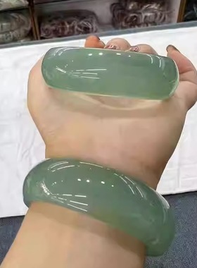 高端精品玛瑙玉髓手镯冰种油青绿玉色加宽加厚女款玉石镯子轮胎版