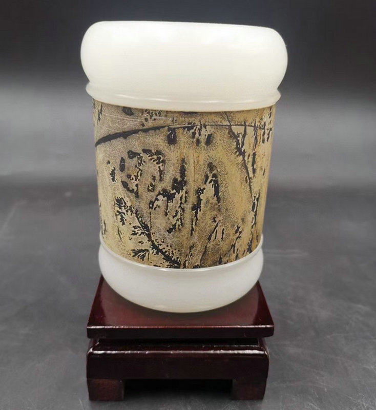 天然玉石国画石笔筒 办公文具创意商务礼品 家居工艺阿富汗玉摆件