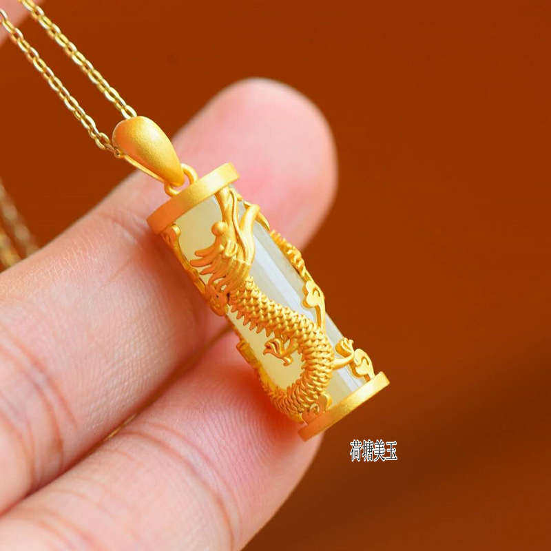 精品黄金色925银镶和田玉女配饰挂件龙柱简约玉石情侣款吊坠包邮