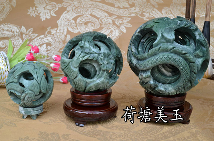 天然鲁山玉转动套球路路通同心球风水球家居玉石 送底座摆件包邮