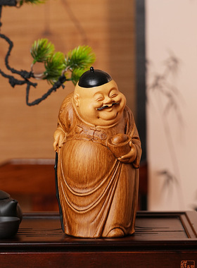高端中式地主摆件客厅财神爷雕塑仿木雕茶几博古架装饰品桌面摆设
