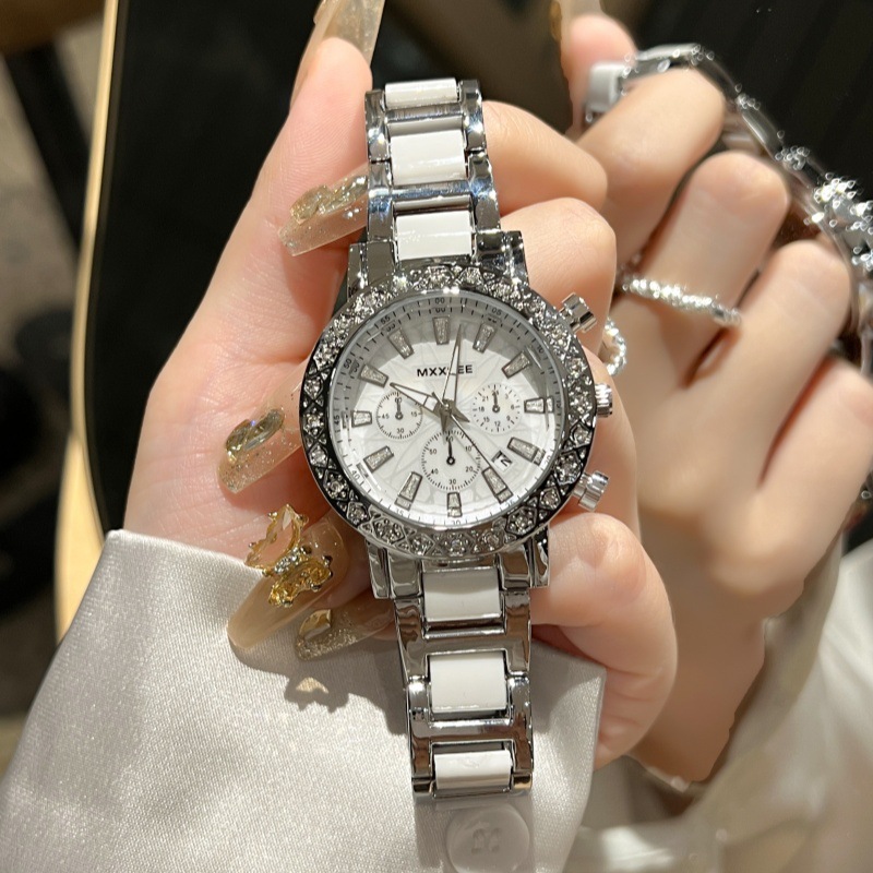 MXXSEE抖音爆款圆形镶钻女表带日历钢带陶瓷腕表防水防汗女士