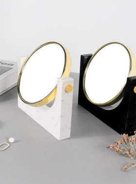 天然大理石化妆镜桌面镜样板间家用圆形双面旋转公主梳妆镜工艺品