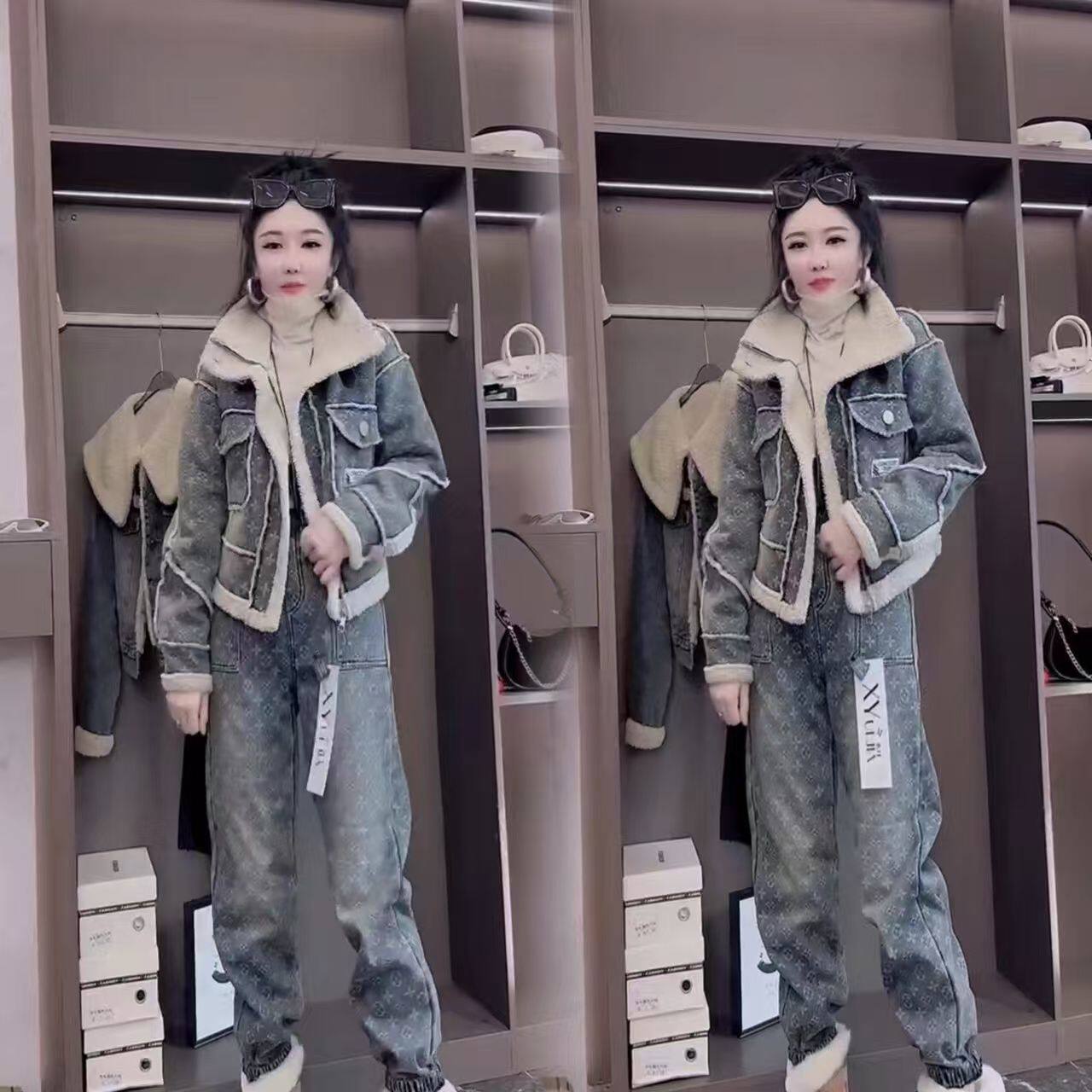 加绒牛仔冬季套装女羊羔2025新款宽松时尚洋气显瘦加厚老花两件套