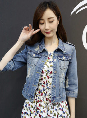牛仔外套女短款修身韩版潮百搭七分袖春秋牛仔服长袖上衣破洞大码