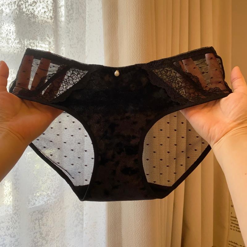 秋冬金丝绒拼接蕾丝网纱内裤女