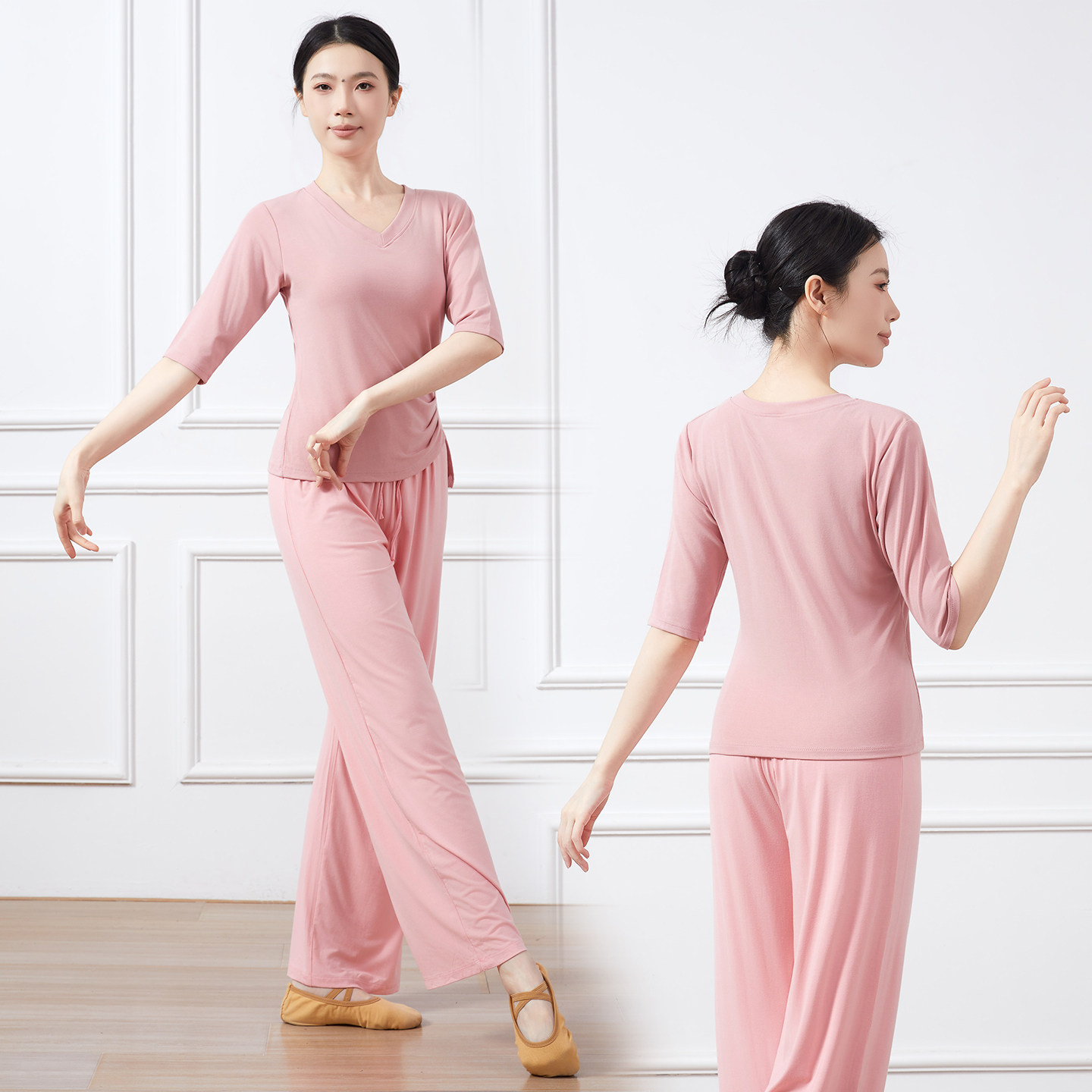 V领中袖显瘦现代舞练功服女