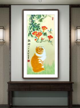 纯手绘观蝶国画凌霄花工笔橘猫蝴蝶图中式客厅玄关吉祥花鸟挂字画
