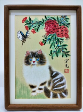 纯手绘工笔猫名家亲笔收藏级国画桌面摆台件客厅卧室办公室装饰