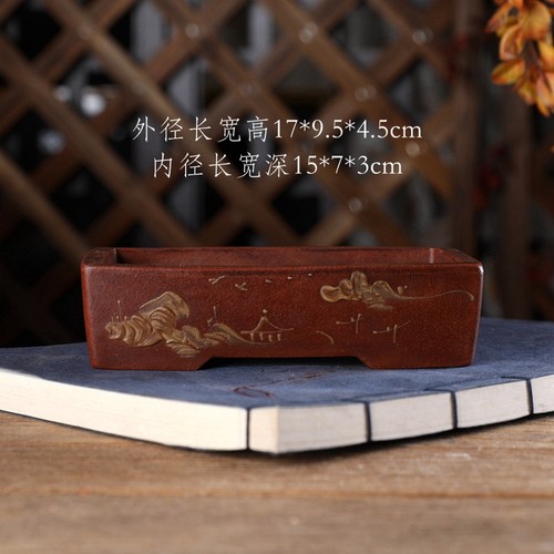宜兴紫砂小号花盆铁画轩复古FZ051#马槽长方手工桌面绿植盆景