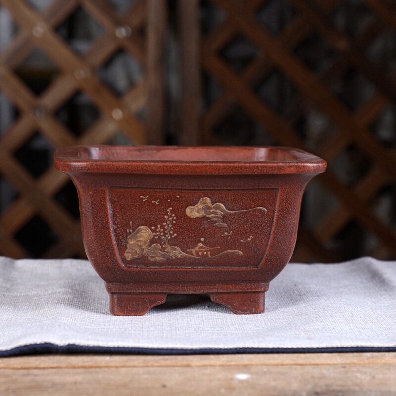 宜兴紫砂中号花盆铁画轩复古QT111#凹面中方手工桌面绿植盆景中式