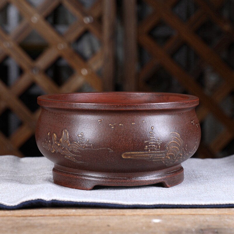 宜兴紫砂中号花盆铁画轩复古QT109#中海圆肚圆口桌面绿植盆景中式
