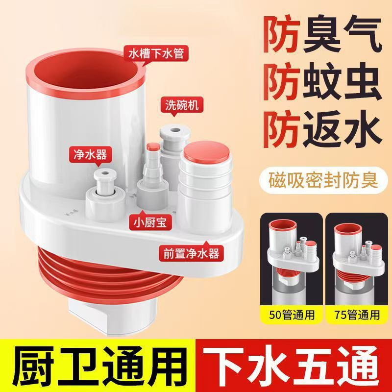 厨房水槽下水防返臭密封塞蓝白五通排水管分水器50/75管道厂家
