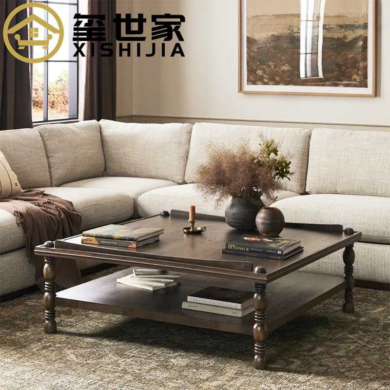 玺世家美式复古实木茶几客厅家用方形茶桌中古风做旧茶几咖啡桌