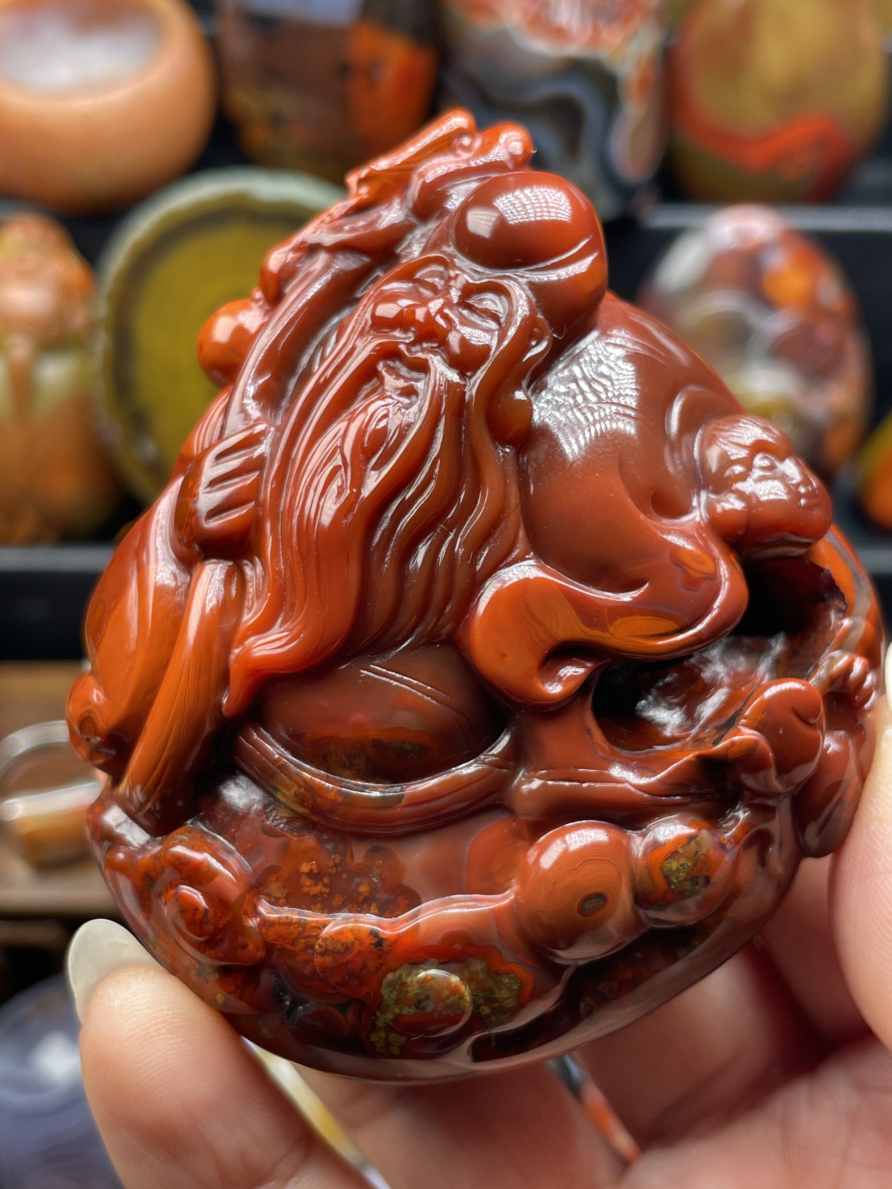 战国红玛瑙精品俏色巧雕老寿星把件摆件