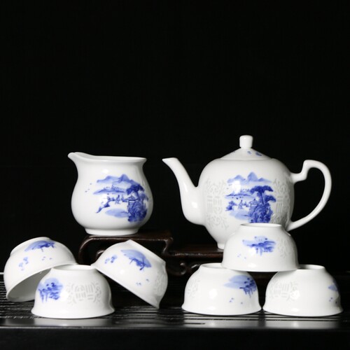 景德镇手绘青花玲珑茶具套装