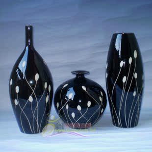 居家装 现代时尚 花插 陶瓷黑白手绘雕刻高档花瓶 饰品 简约三件套