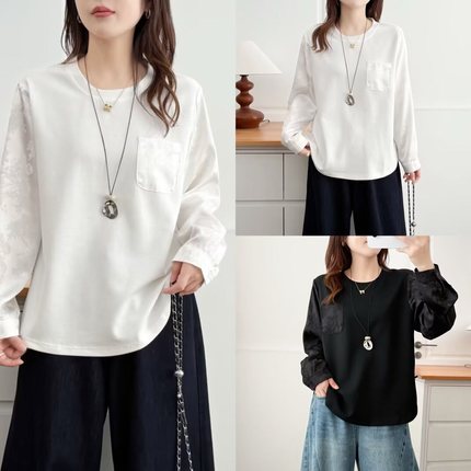 大码女装遮肚子胖mm秋款国风洋气缎面提花长袖打底衫拼接T恤C2566