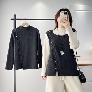 秋冬新款 遮肚子撞色假两件保暖半高领百搭打底衫 上衣2561 女装 大码