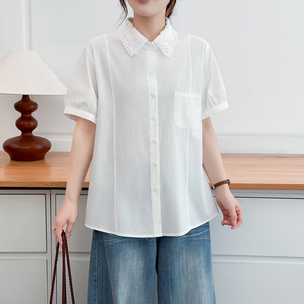 韩版减龄百搭镂空翻领短袖衬衫女