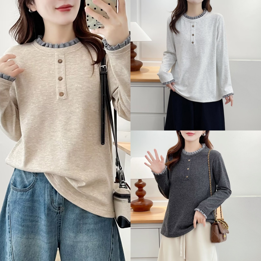 木耳花边拼接长袖T恤减龄打底衫