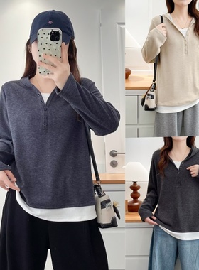 大码女装遮肚子秋冬新款百搭显瘦假两件连帽t恤休闲V领上衣女2521