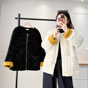 洋气百搭丝绒加厚棉服加棉保暖圆领外套555 遮肚子冬季 大码 女装