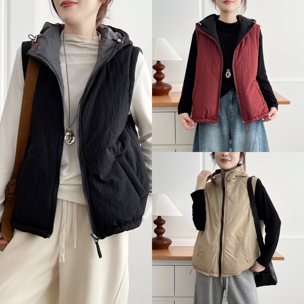 大码女装遮肚子时尚百搭双面可穿连帽棉服马甲女秋季显瘦外套2550