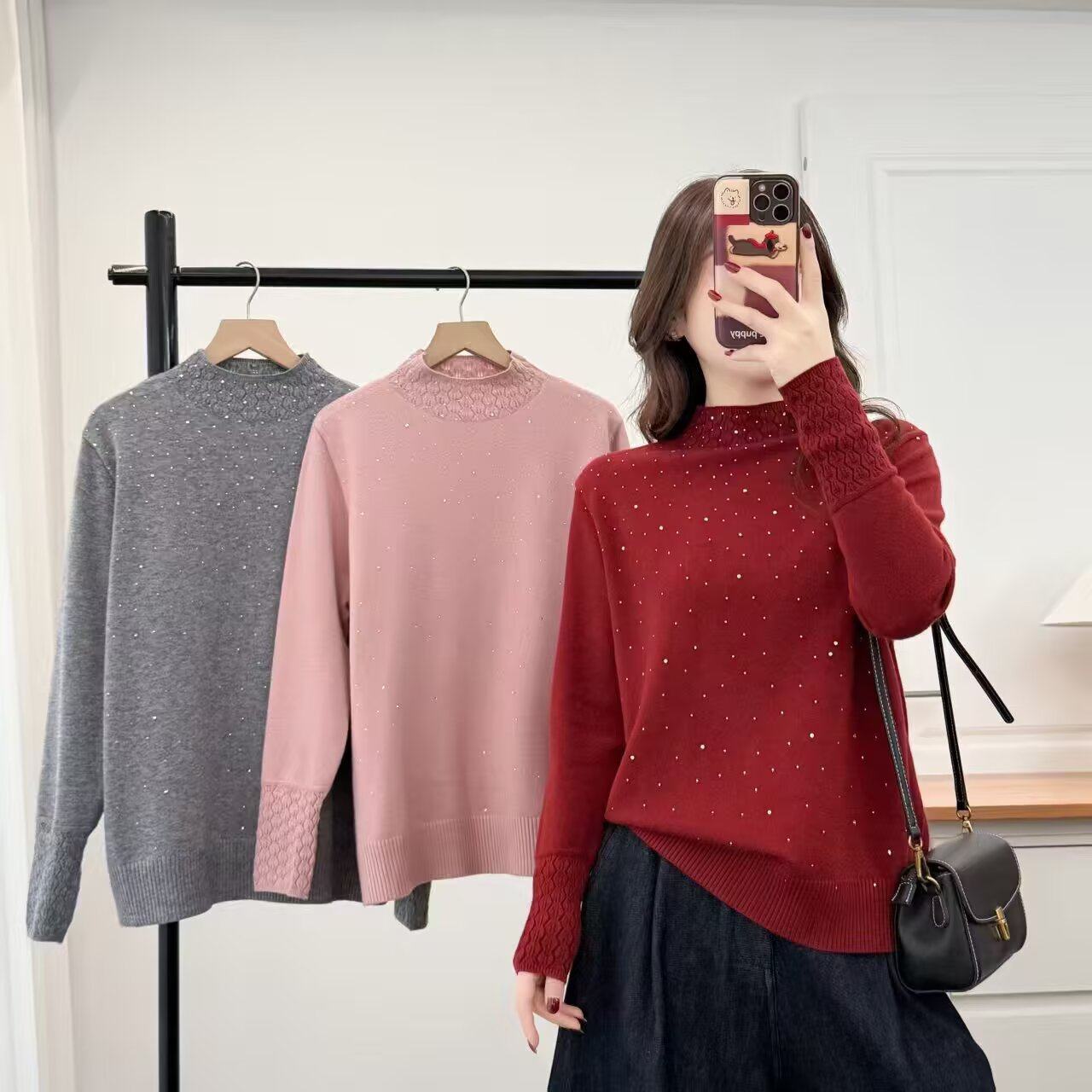 大码女装遮肚子半高领烫钻针织衫秋冬百搭宽松洋气打底毛衣2656,女装/女士精品,大码内搭,淘宝优惠券,粉丝福利购,淘宝优惠卷